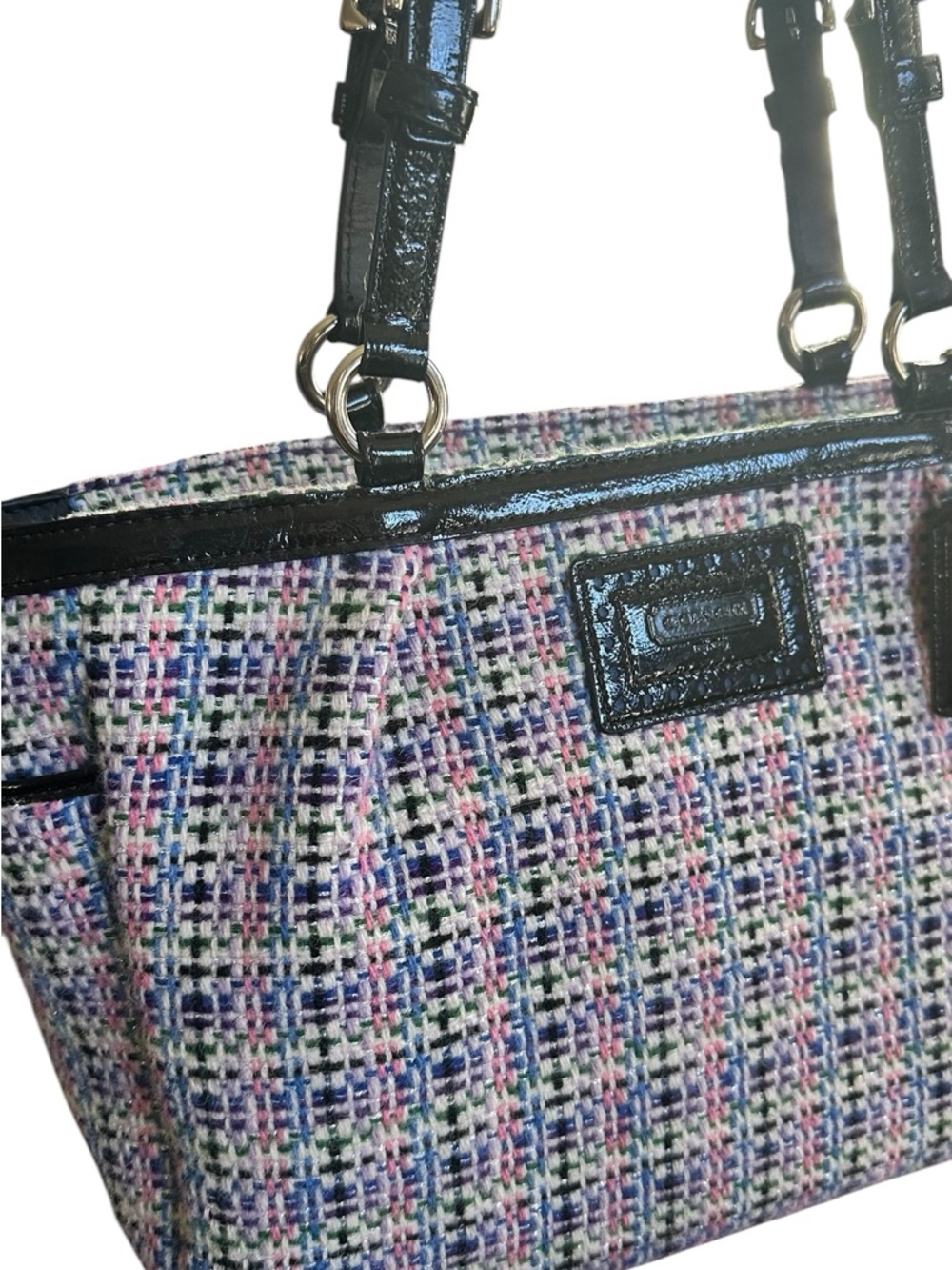 Coach Tweed Plaid Tote F17699 Black Patent Trim Satchel - Picture 9 of 16